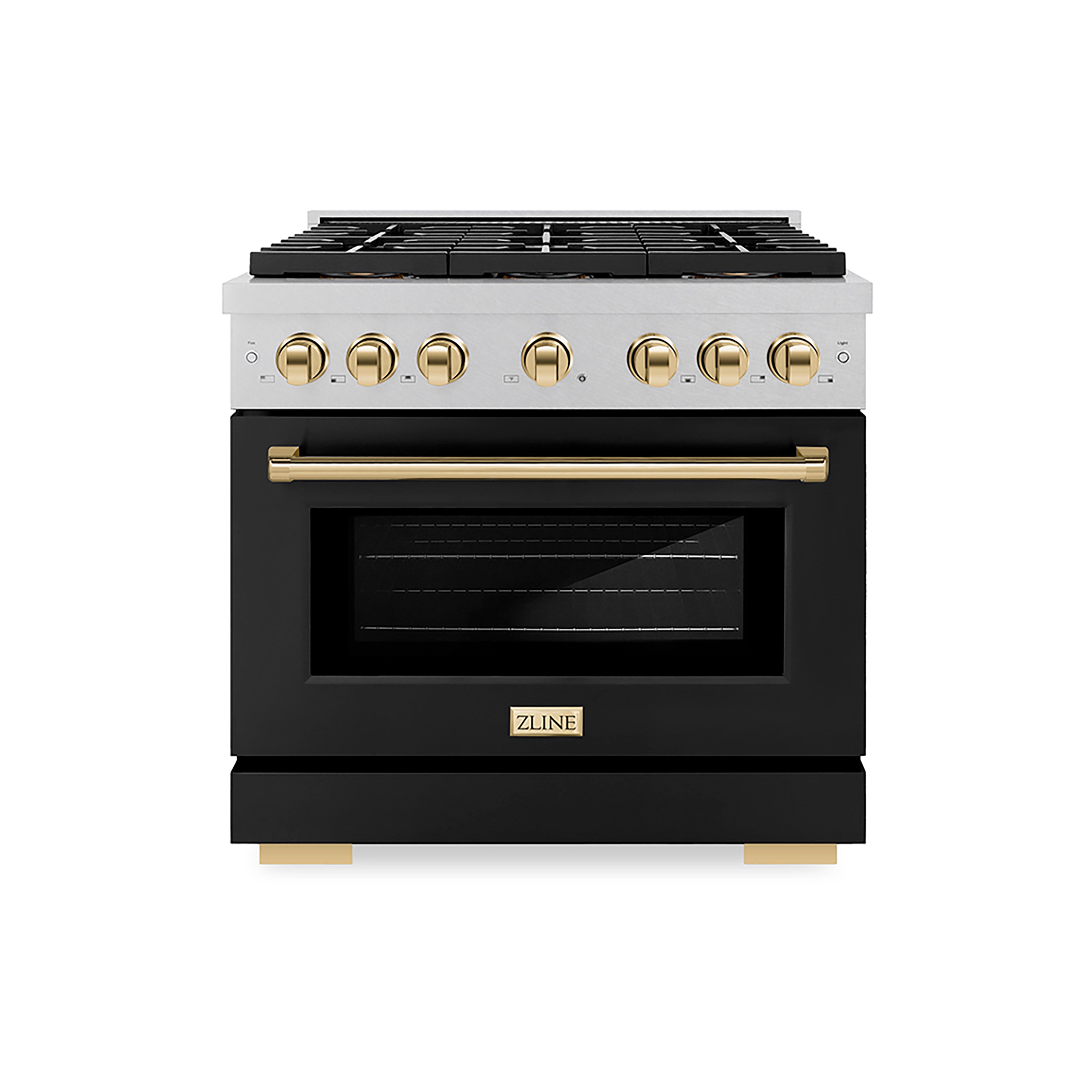 ZLINE 36 in. Gas Range 5.2 cu. ft. 6 Burner DuoPro™ Cooktop Convection Oven Satin Stainless Steel Black Matte Door Polished Gold Accents (PSGRSZ-BLM36-G)