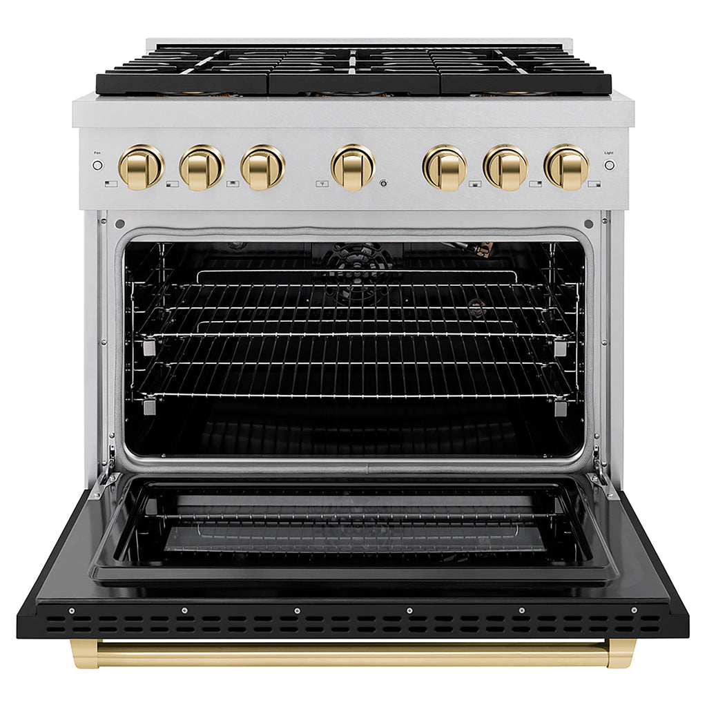 ZLINE 36 in. Gas Range 5.2 cu. ft. 6 Burner DuoPro™ Cooktop Convection Oven Satin Stainless Steel Black Matte Door Polished Gold Accents (PSGRSZ-BLM36-G)