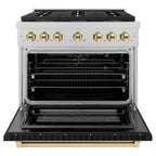 ZLINE 36 in. Gas Range 5.2 cu. ft. 6 Burner DuoPro™ Cooktop Convection Oven Satin Stainless Steel Black Matte Door Polished Gold Accents (PSGRSZ-BLM36-G)