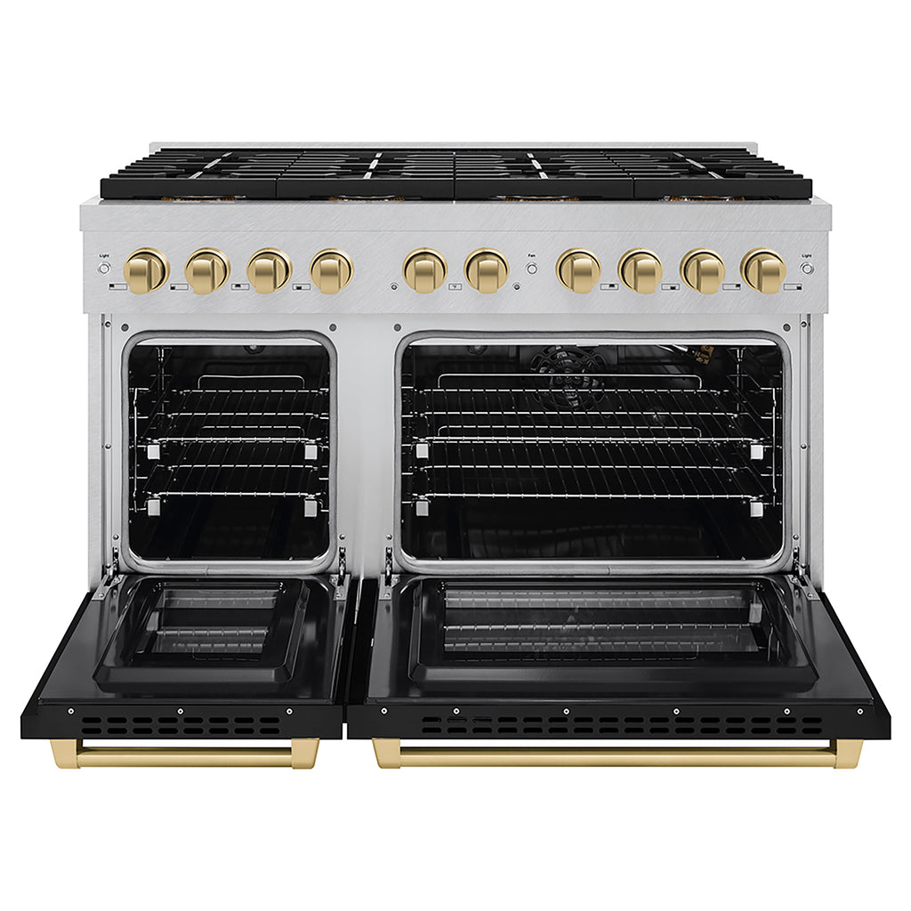 ZLINE 48 in. Gas Range 6.7 cu. ft. 8 Burner DuoPro™ Cooktop Dual Oven Satin Stainless Steel Black Matte Doors Champagne Bronze Accents (PSGRSZ-BLM48-CB)