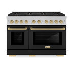 ZLINE 48 in. Dual Fuel Range 6.7 cu. ft. 8 Burner DuoPro™ Cooktop Dual Ovens Satin Stainless Steel with Black Matte Doors Champagne Bronze Accents (PSDRSZ-BLM48-CB)