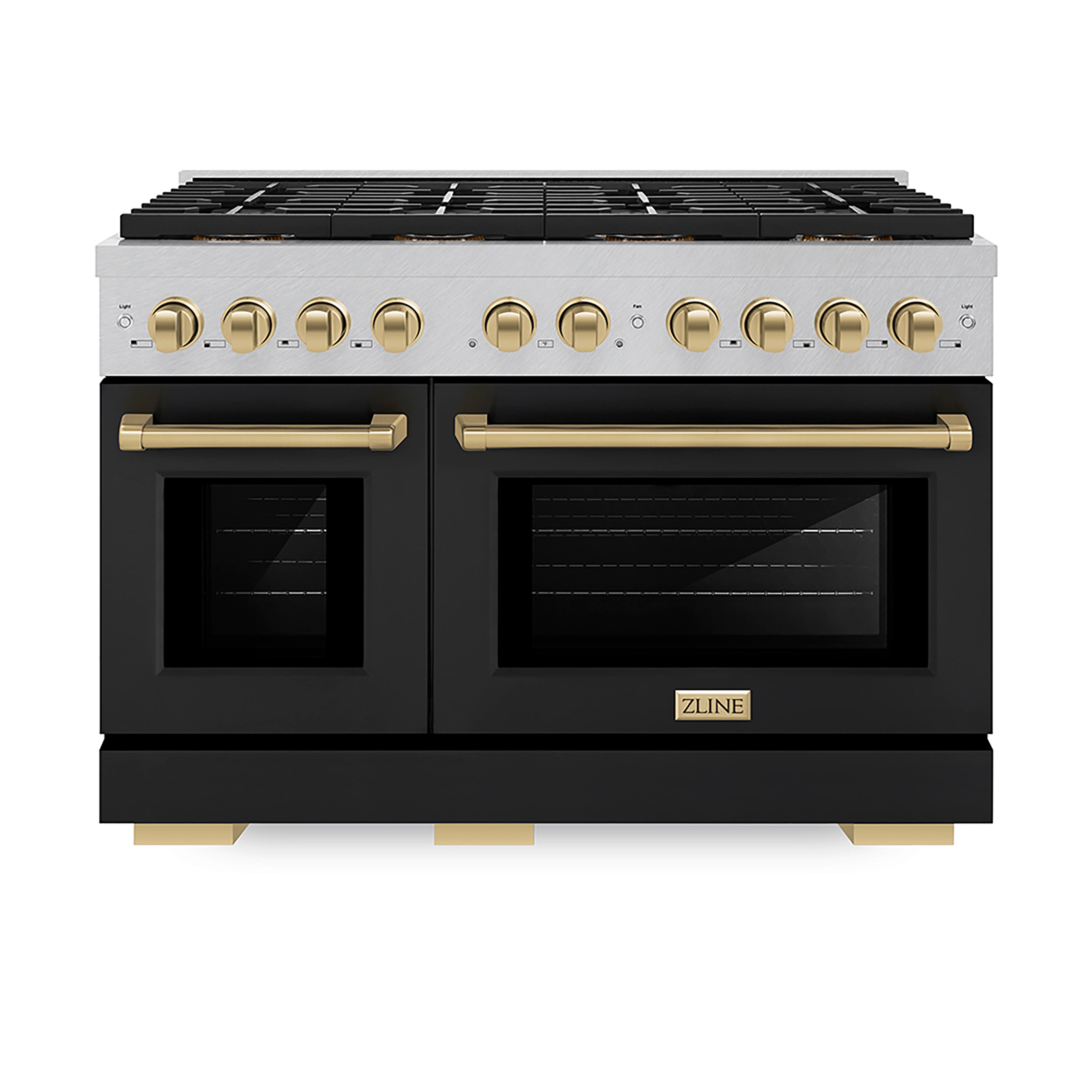 ZLINE 48 in. Dual Fuel Range 6.7 cu. ft. 8 Burner DuoPro™ Cooktop Dual Ovens Satin Stainless Steel with Black Matte Doors Champagne Bronze Accents (PSDRSZ-BLM48-CB)