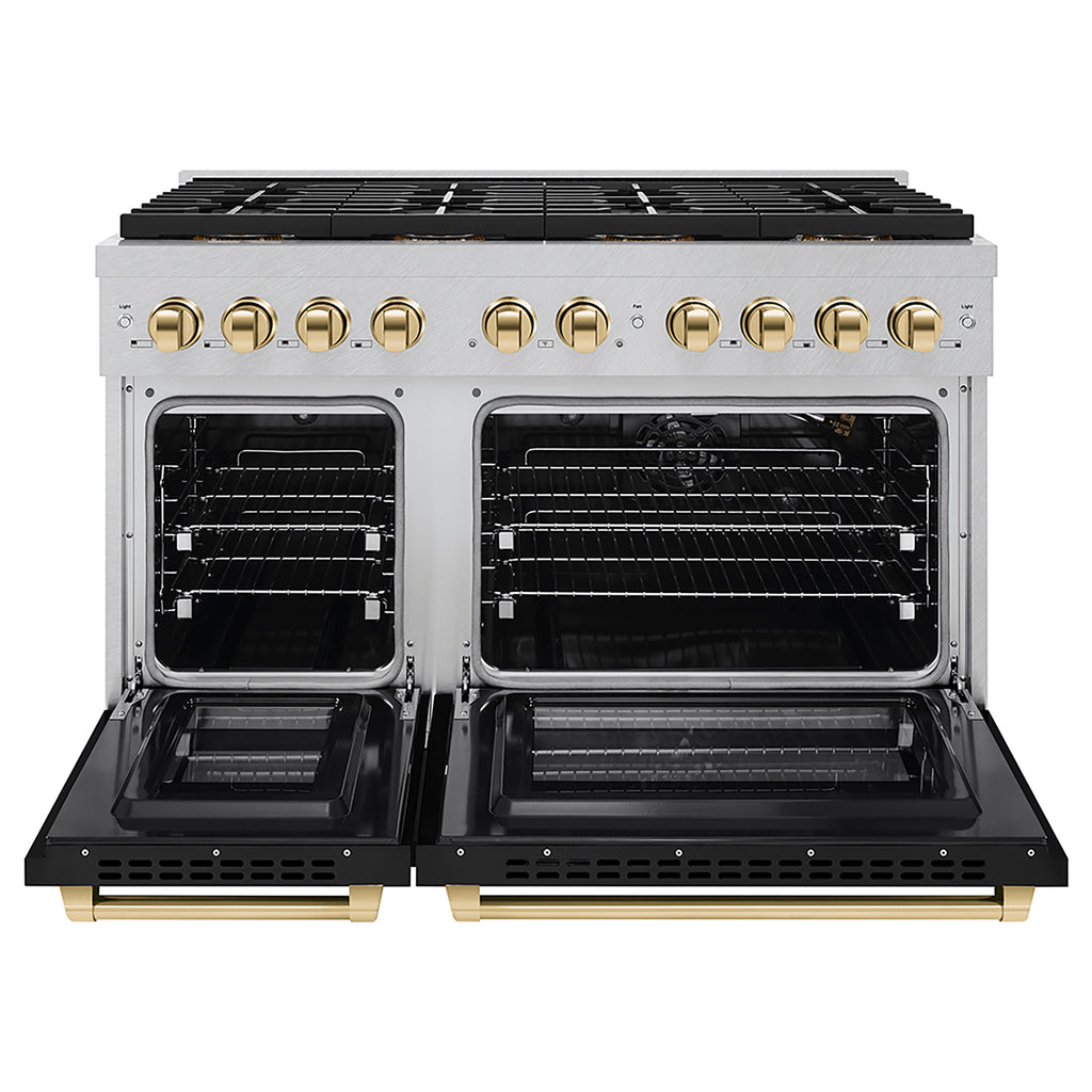 ZLINE 48 in. Gas Range 6.7 cu. ft. 8 Burner DuoPro™ Cooktop Dual Oven Satin Stainless Steel Black Matte Doors Polished Gold Accents (PSGRSZ-BLM48-G)