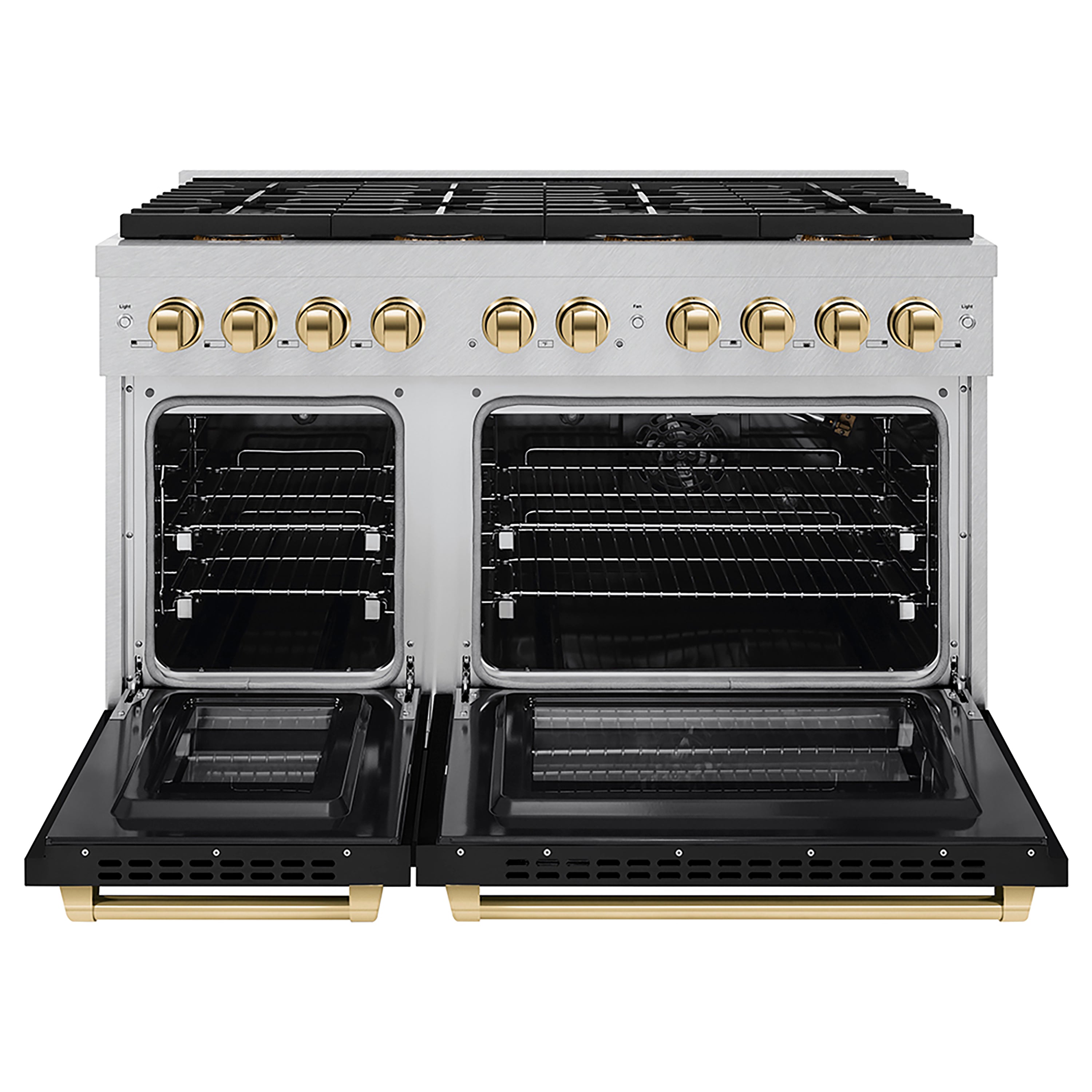ZLINE 48 in. Gas Range 6.7 cu. ft. 8 Burner DuoPro™ Cooktop Dual Oven Satin Stainless Steel Black Matte Doors Polished Gold Accents (PSGRSZ-BLM48-G)
