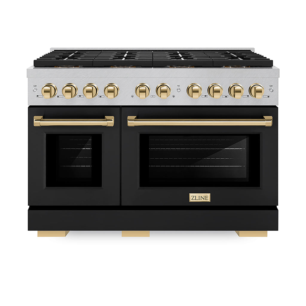 ZLINE 48 in. Gas Range 6.7 cu. ft. 8 Burner DuoPro™ Cooktop Dual Oven Satin Stainless Steel Black Matte Doors Polished Gold Accents (PSGRSZ-BLM48-G)