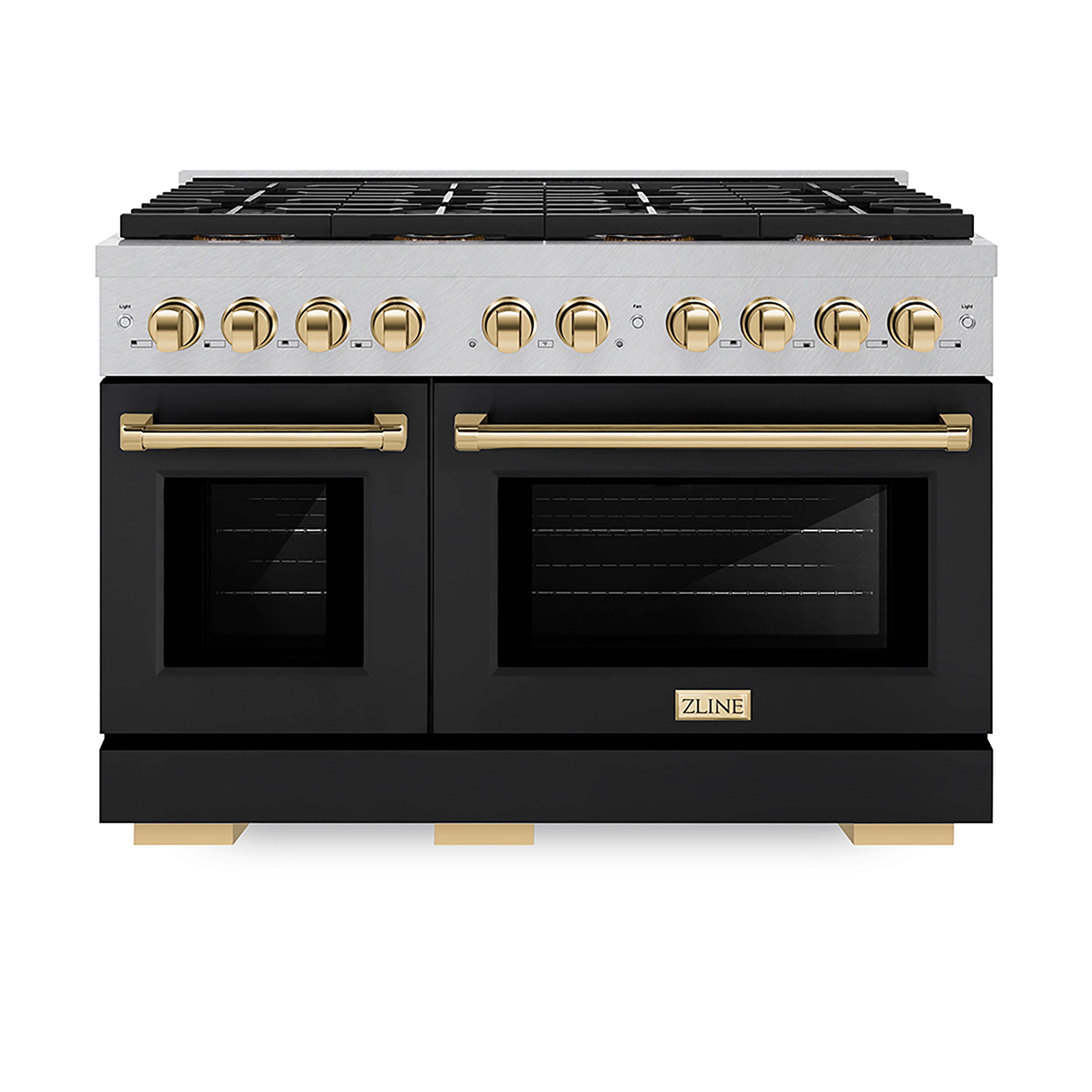 ZLINE 48 in. Gas Range 6.7 cu. ft. 8 Burner DuoPro™ Cooktop Dual Oven Satin Stainless Steel Black Matte Doors Polished Gold Accents (PSGRSZ-BLM48-G)