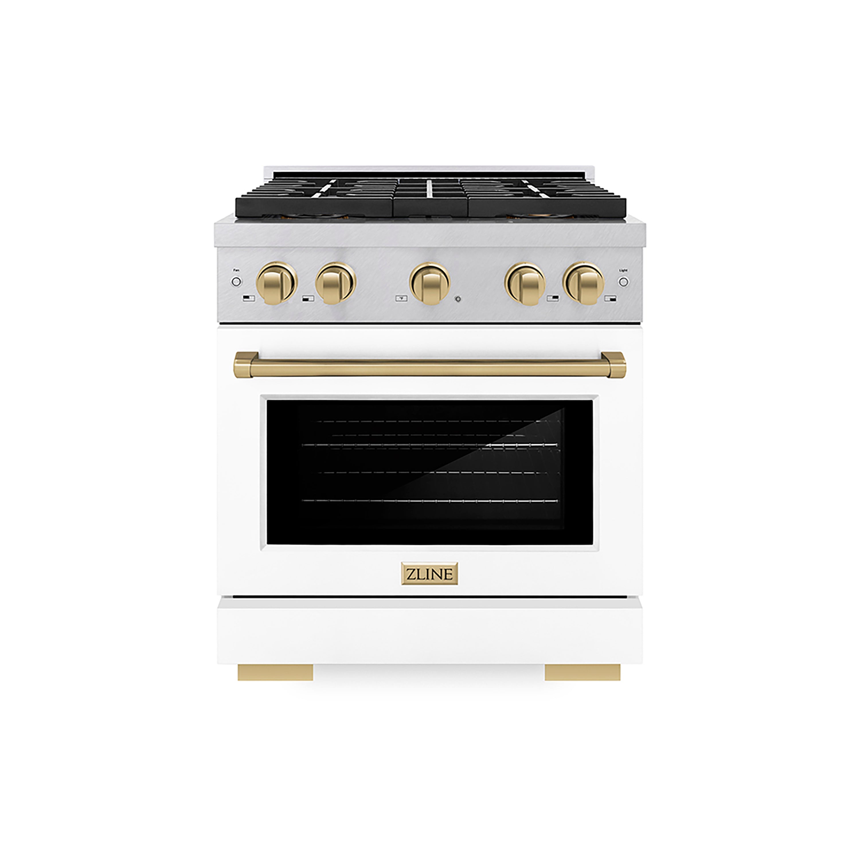 ZLINE 30 in. Gas Range 4.2 cu. ft. Paramount Series, 4 Burner DuoPro™ Cooktop, Convection Gas Oven, Satin Stainless Steel, White Matte Door, Champagne Bronze Accents (PSGRSZ-WM-30-CB)
