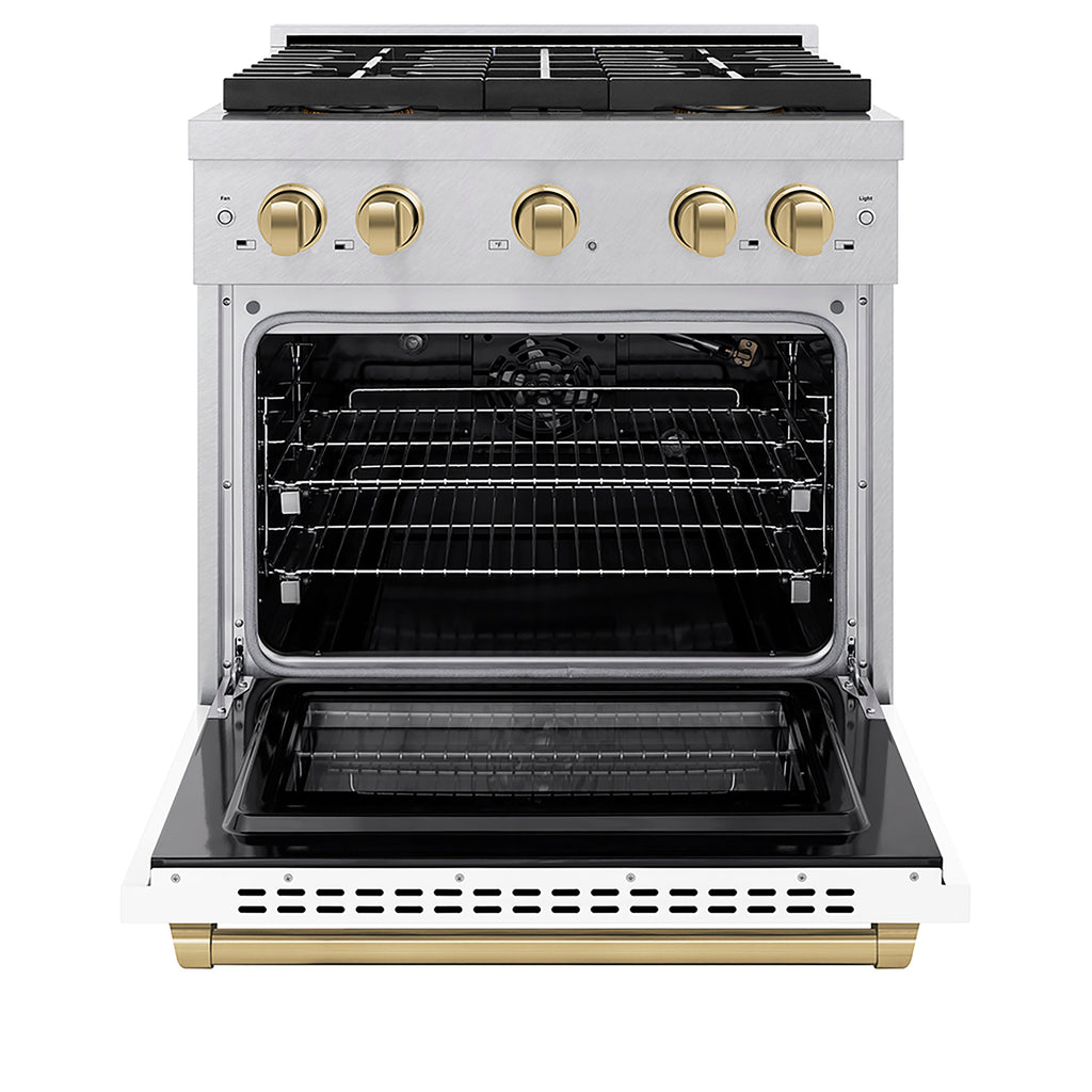 ZLINE 30 in. Gas Range 4.2 cu. ft. Paramount Series, 4 Burner DuoPro™ Cooktop, Convection Gas Oven, Satin Stainless Steel, White Matte Door, Champagne Bronze Accents (PSGRSZ-WM-30-CB)