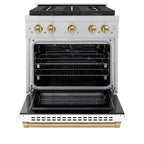 ZLINE 30 in. Gas Range 4.2 cu. ft. Paramount Series, 4 Burner DuoPro™ Cooktop, Convection Gas Oven, Satin Stainless Steel, White Matte Door, Champagne Bronze Accents (PSGRSZ-WM-30-CB)