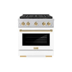 ZLINE 30 in. Gas Range 4.2 cu. ft. Convection Oven, 4 Burner DuoPro™ Cooktop, Satin Stainless Steel, White Matte Door, Polished Gold Accents (PSGRSZ-WM-30-G)