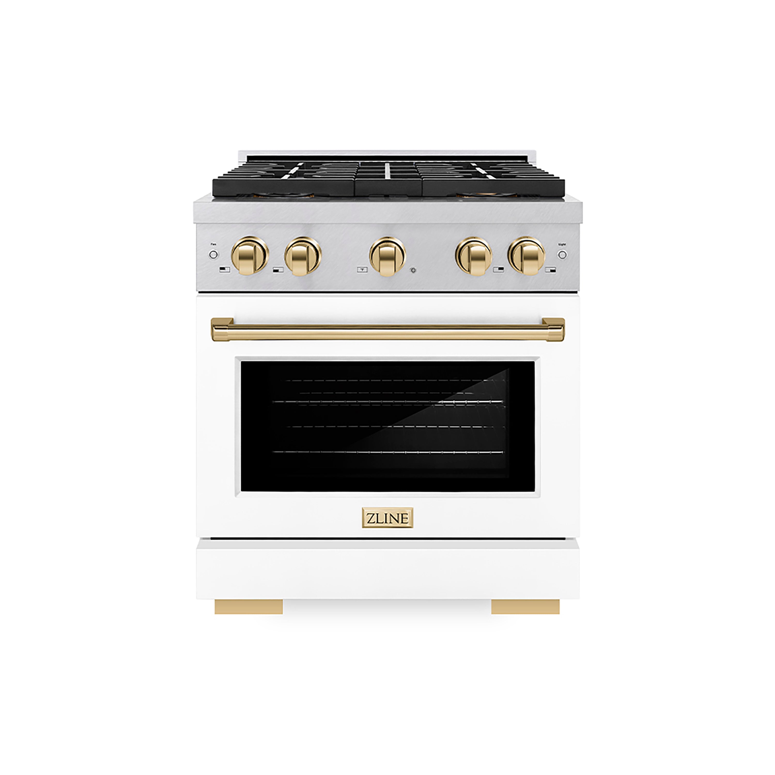 ZLINE 30 in. Gas Range 4.2 cu. ft. Convection Oven, 4 Burner DuoPro™ Cooktop, Satin Stainless Steel, White Matte Door, Polished Gold Accents (PSGRSZ-WM-30-G)