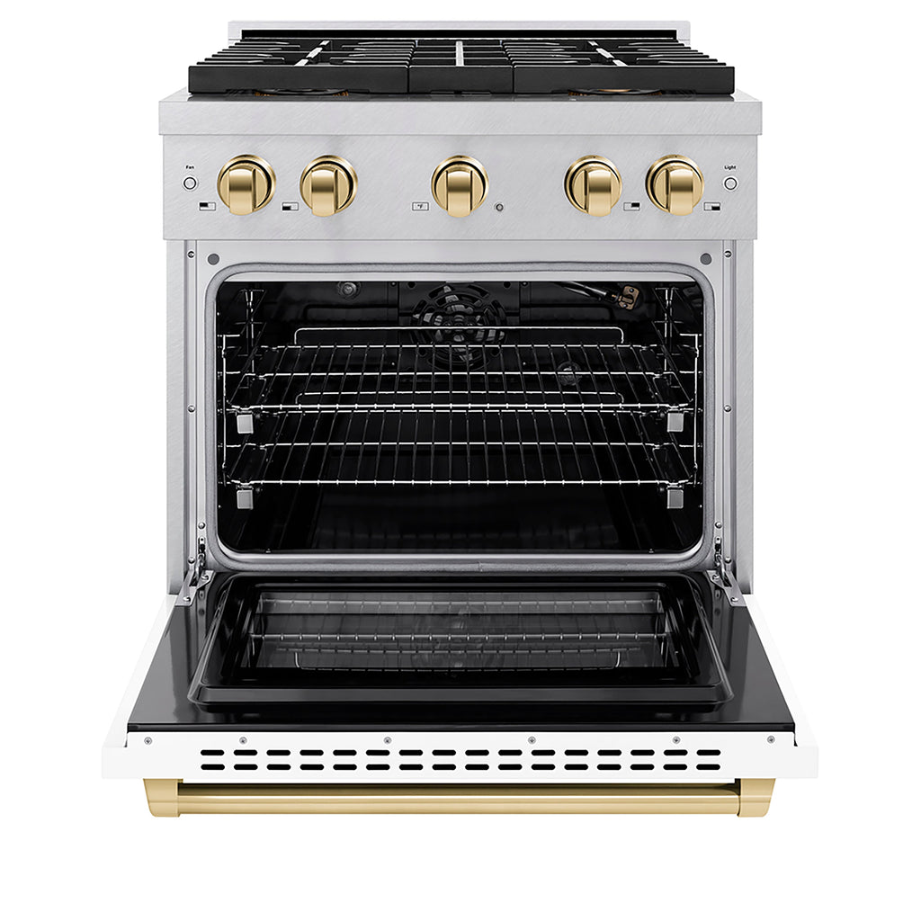ZLINE 30 in. Gas Range 4.2 cu. ft. Convection Oven, 4 Burner DuoPro™ Cooktop, Satin Stainless Steel, White Matte Door, Polished Gold Accents (PSGRSZ-WM-30-G)