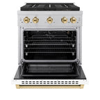 ZLINE 30 in. Gas Range 4.2 cu. ft. Convection Oven, 4 Burner DuoPro™ Cooktop, Satin Stainless Steel, White Matte Door, Polished Gold Accents (PSGRSZ-WM-30-G)