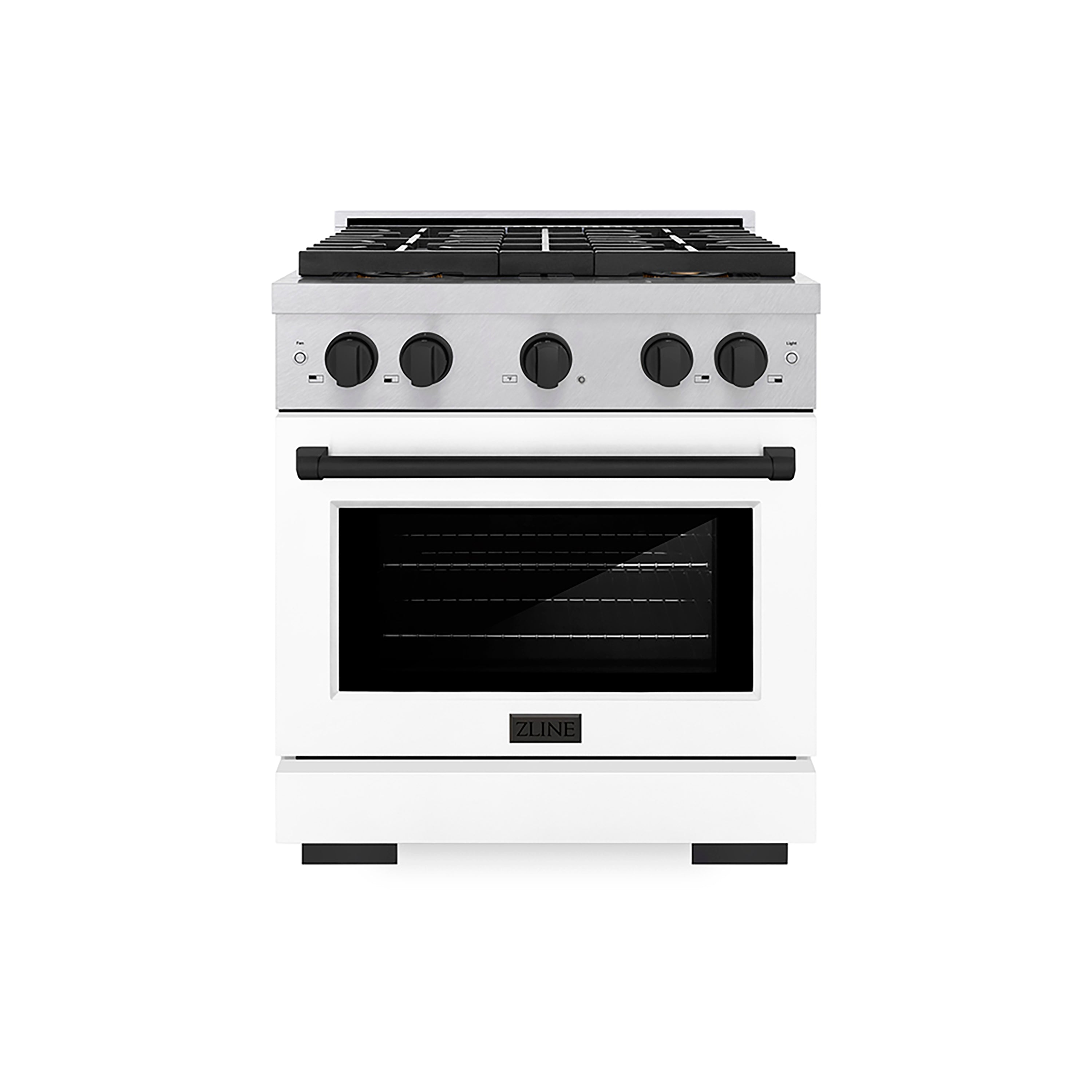 ZLINE 30 in. Gas Range 4.2 cu. ft. 4 Burner DuoPro™ Cooktop Convection Oven Satin Stainless Steel White Matte Door Matte Black Accents (PSGRSZ-WM-30-MB)