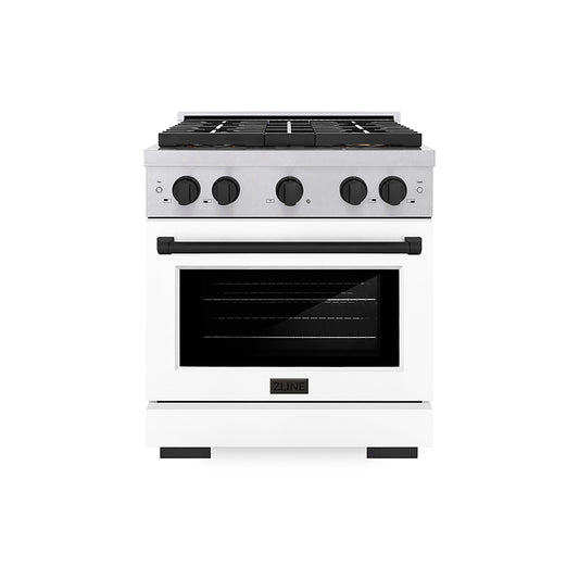 ZLINE 30 in. Gas Range 4.2 cu. ft. 4 Burner DuoPro™ Cooktop Convection Oven Satin Stainless Steel White Matte Door Matte Black Accents (PSGRSZ-WM-30-MB)