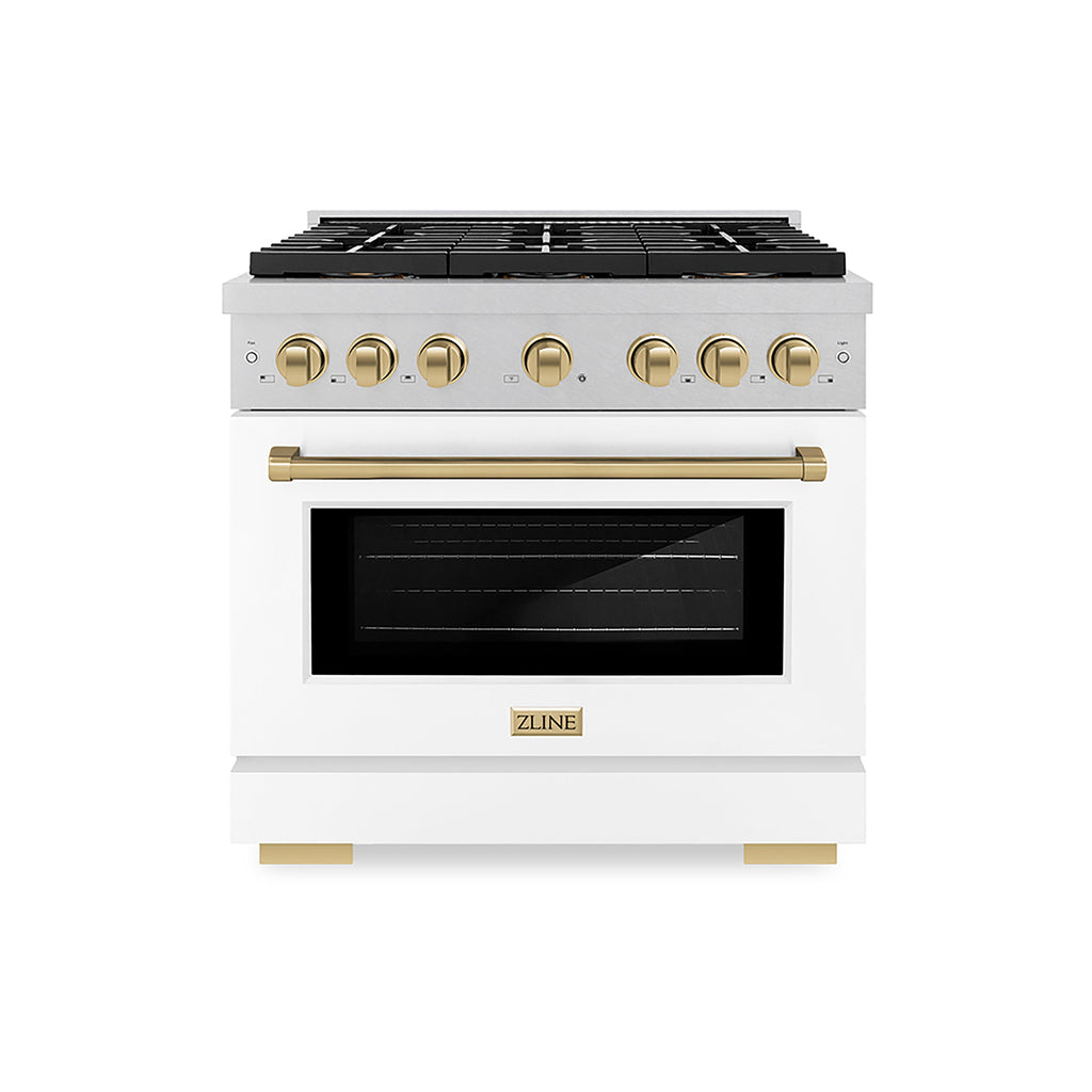 ZLINE 36 in. Gas Range 5.2 cu. ft. 6 Burner DuoPro™ Cooktop Convection Gas Oven Satin Stainless Steel White Matte Door Champagne Bronze Accents (PSGRSZ-WM-36-CB)