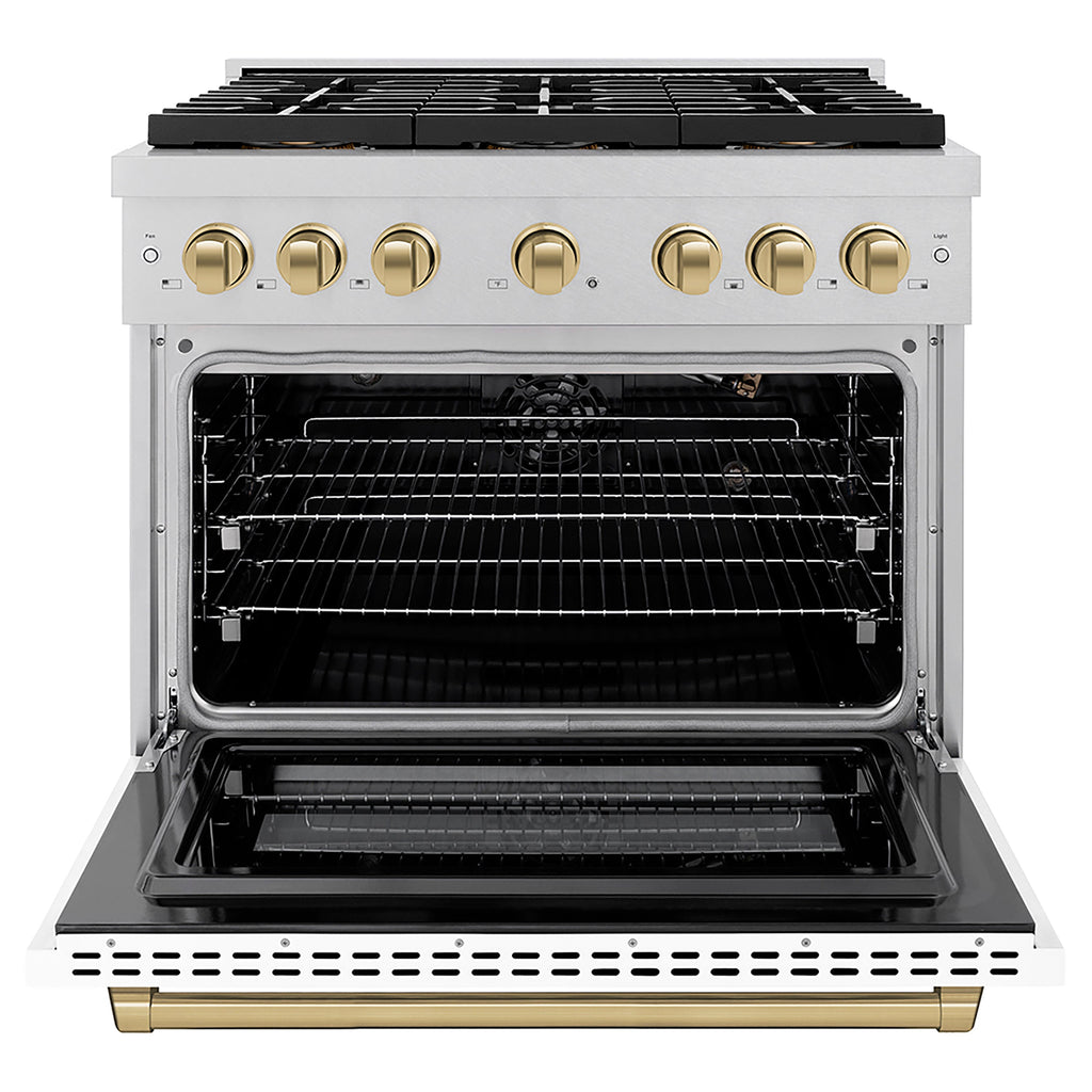 ZLINE 36 in. Gas Range 5.2 cu. ft. 6 Burner DuoPro™ Cooktop Convection Gas Oven Satin Stainless Steel White Matte Door Champagne Bronze Accents (PSGRSZ-WM-36-CB)