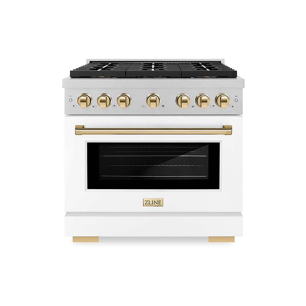 ZLINE 36 in. Gas Range 5.2 cu. ft. 6 Burner DuoPro™ Cooktop Convection Oven Satin Stainless Steel White Matte Door Polished Gold Accents (PSGRSZ-WM-36-G)