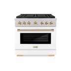 ZLINE 36 in. Gas Range 5.2 cu. ft. 6 Burner DuoPro™ Cooktop Convection Oven Satin Stainless Steel White Matte Door Polished Gold Accents (PSGRSZ-WM-36-G)