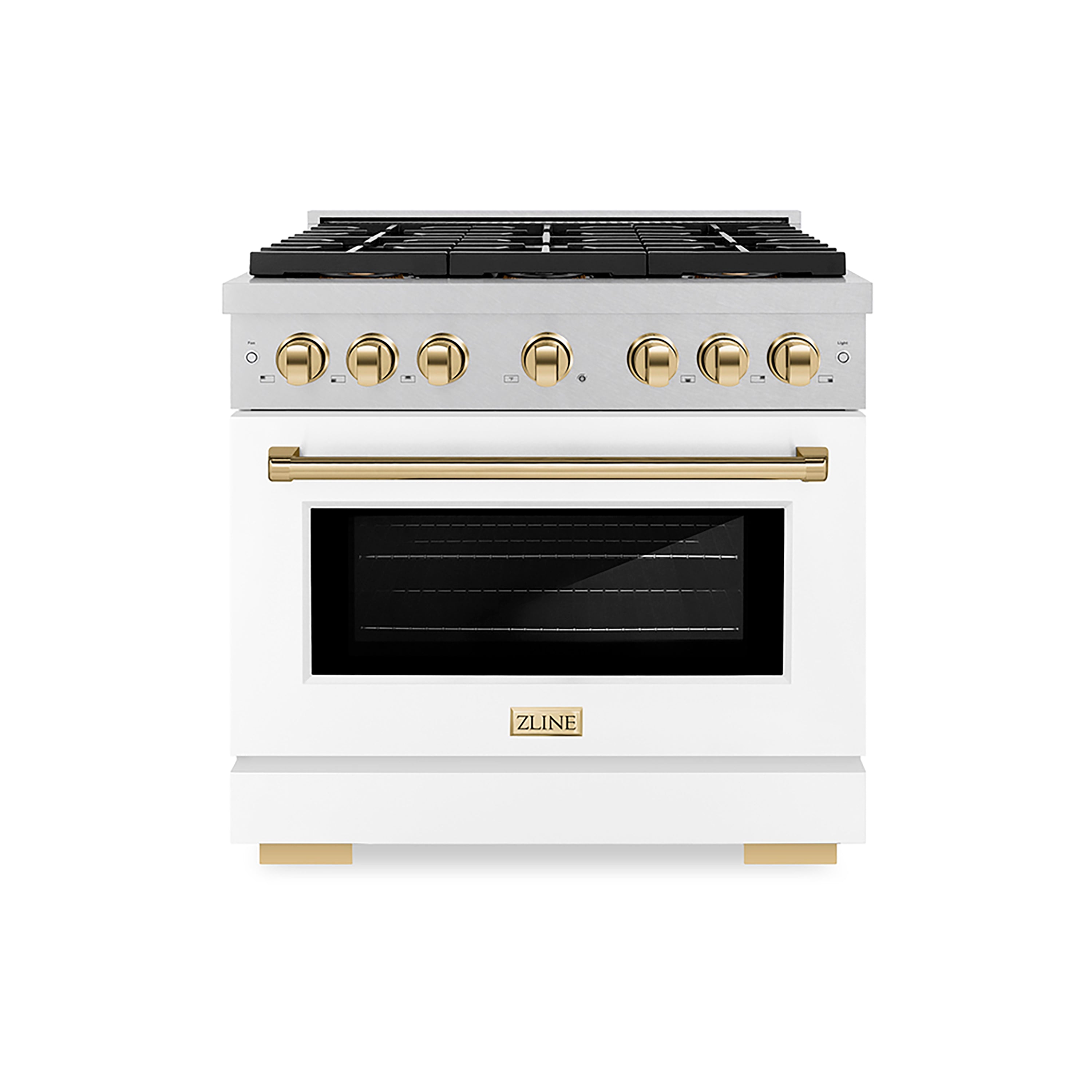 ZLINE 36 in. Gas Range 5.2 cu. ft. 6 Burner DuoPro™ Cooktop Convection Oven Satin Stainless Steel White Matte Door Polished Gold Accents (PSGRSZ-WM-36-G)