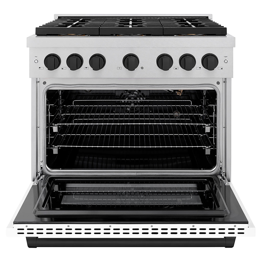 ZLINE 36 in. Gas Range 5.2 cu. ft. 6 Burner DuoPro™ Cooktop Convection Gas Oven Satin Stainless Steel White Matte Door Matte Black Accents (PSGRSZ-WM-36-MB)