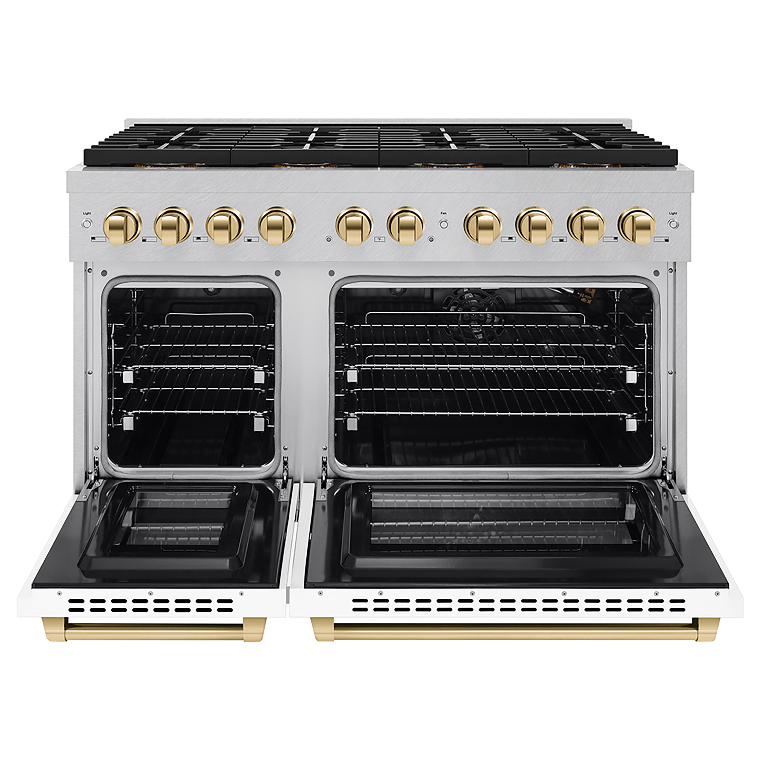 ZLINE 48 in. Gas Range 6.7 cu. ft. 8 Burner DuoPro™ Cooktop Dual Ovens Satin Stainless Steel with White Matte Doors and Polished Gold Accents (PSGRSZ-WM-48-G)