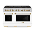 ZLINE 48 in. Gas Range 6.7 cu. ft. 8 Burner DuoPro™ Cooktop Dual Ovens Satin Stainless Steel with White Matte Doors and Polished Gold Accents (PSGRSZ-WM-48-G)
