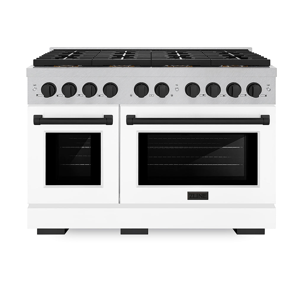 ZLINE 48 in. Gas Range 6.7 cu. ft. 8 Burner DuoPro™ Cooktop Dual Ovens Satin Stainless Steel White Matte Doors Matte Black Accents (PSGRSZ-WM-48-MB)