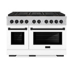 ZLINE 48 in. Gas Range 6.7 cu. ft. 8 Burner DuoPro™ Cooktop Dual Ovens Satin Stainless Steel White Matte Doors Matte Black Accents (PSGRSZ-WM-48-MB)