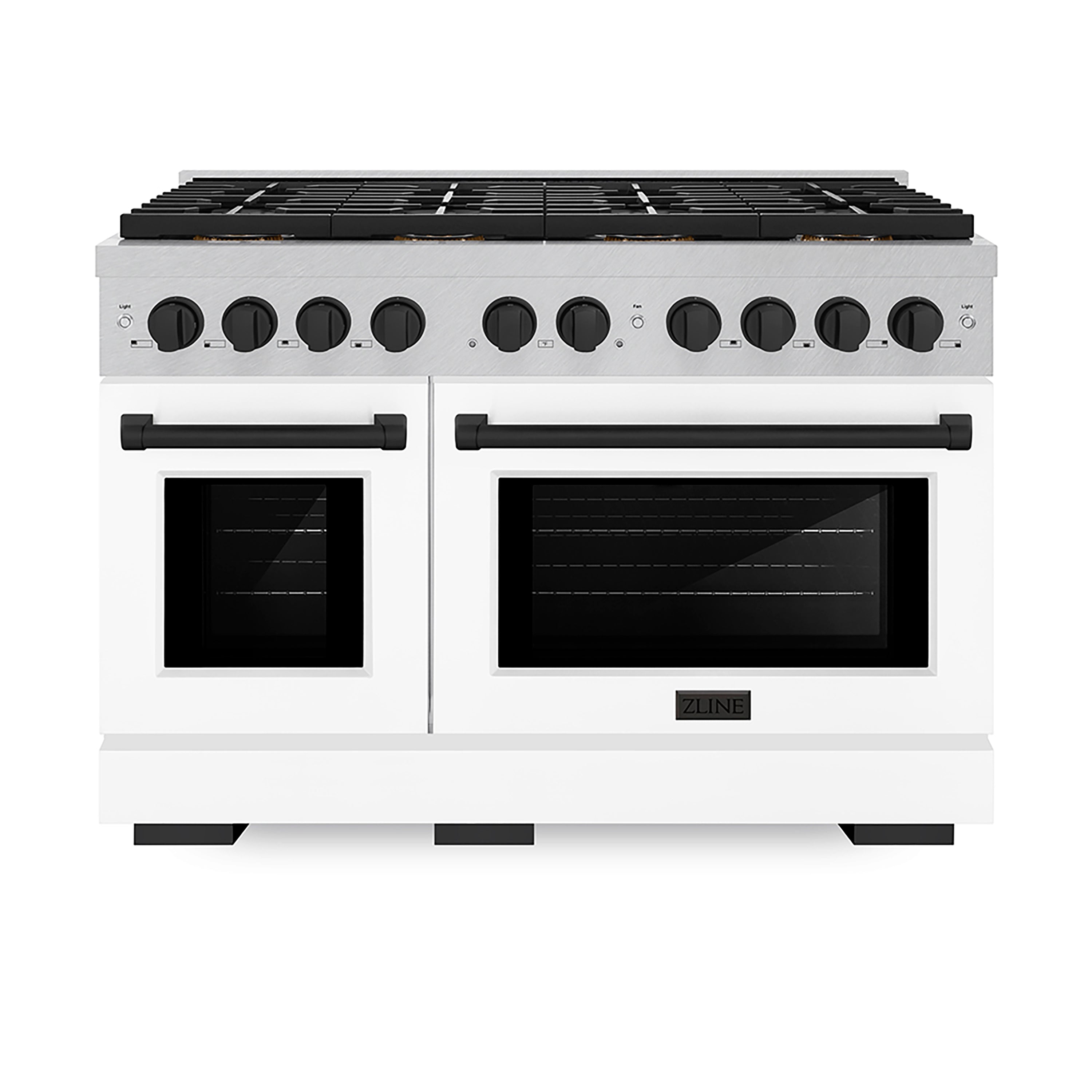 ZLINE 48 in. Gas Range 6.7 cu. ft. 8 Burner DuoPro™ Cooktop Dual Ovens Satin Stainless Steel White Matte Doors Matte Black Accents (PSGRSZ-WM-48-MB)