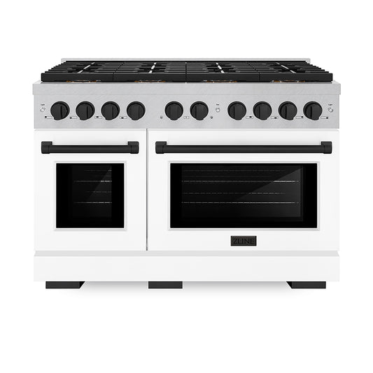 ZLINE 48 in. Gas Range 6.7 cu. ft. 8 Burner DuoPro™ Cooktop Dual Ovens Satin Stainless Steel White Matte Doors Matte Black Accents (PSGRSZ-WM-48-MB)