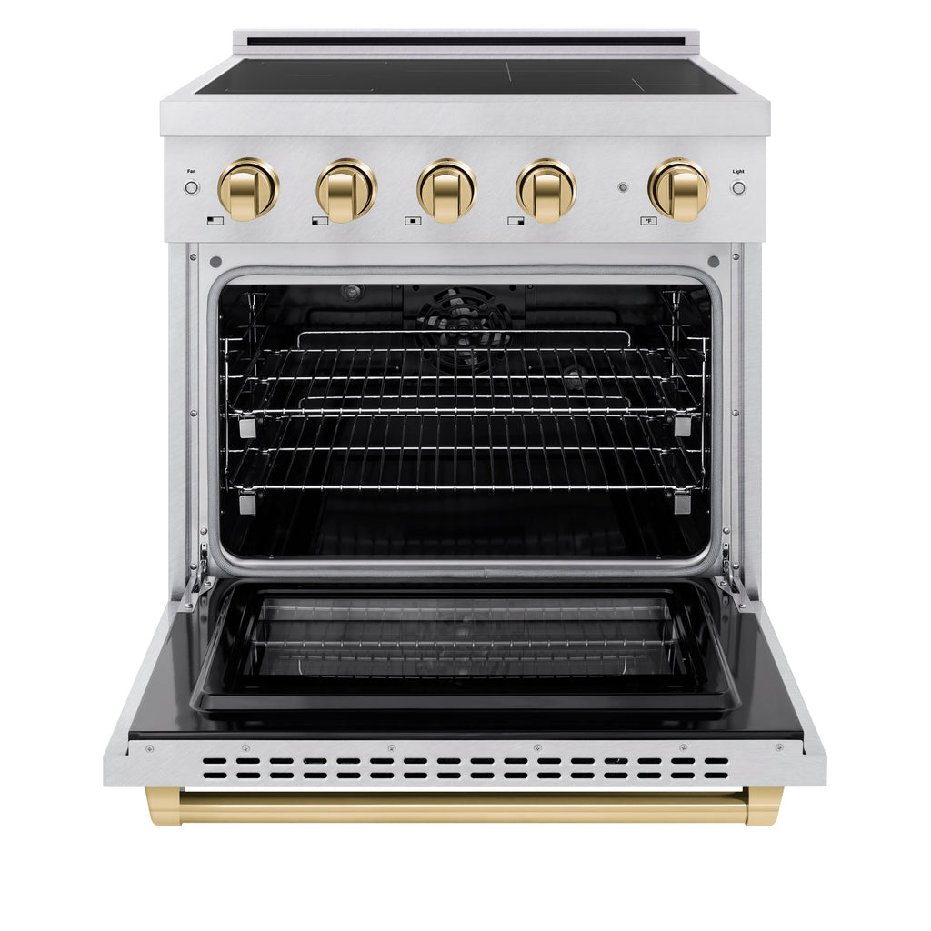 ZLINE 30 in. Induction Range 4.2 cu. ft. 4 Element Cooktop Electric Oven Satin Stainless Steel Polished Gold Accents (SINRSZ-30-G)