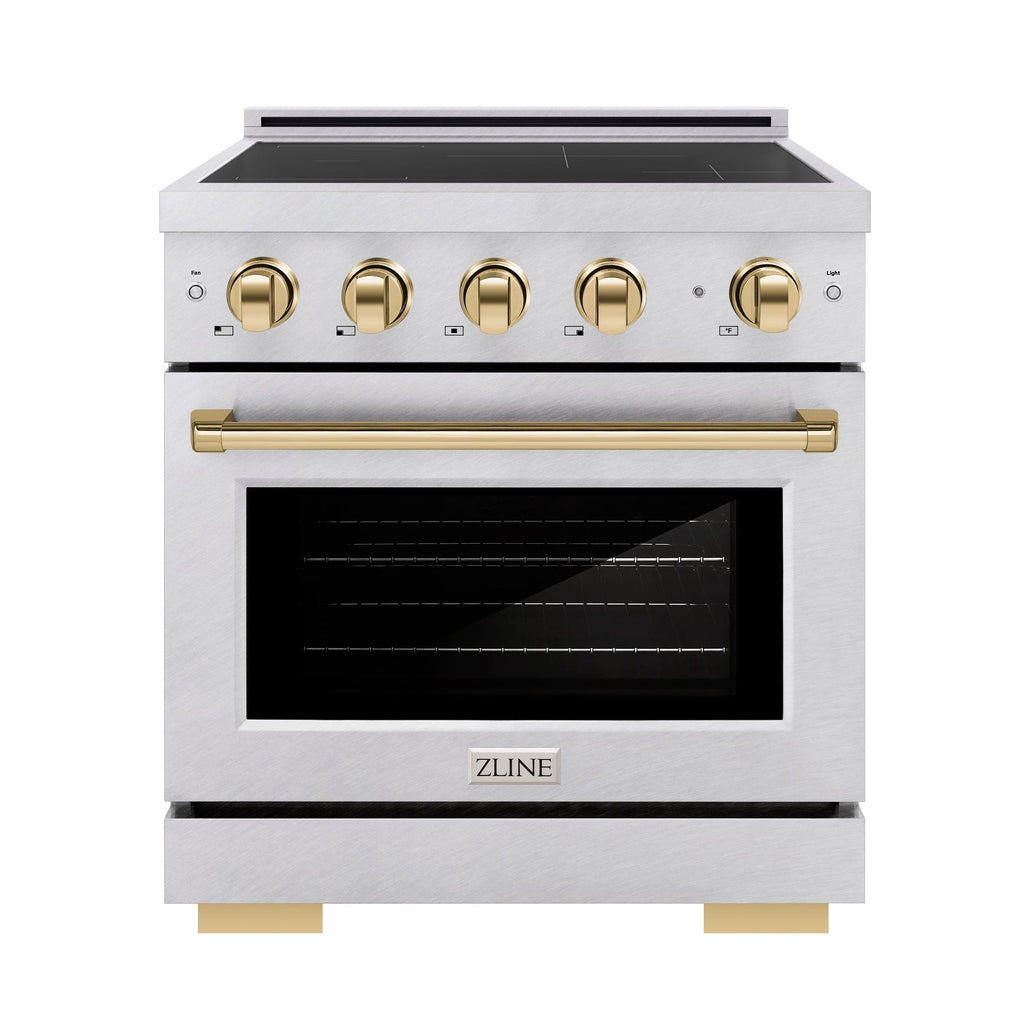 ZLINE 30 in. Induction Range 4.2 cu. ft. 4 Element Cooktop Electric Oven Satin Stainless Steel Polished Gold Accents (SINRSZ-30-G)