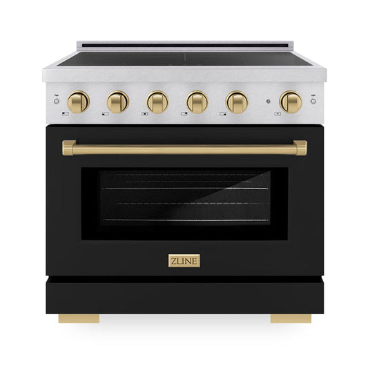 ZLINE 36 in. Induction Range 5.2 cu. ft. 5 Element Cooktop Electric Convection Oven Satin Stainless Steel Black Matte Door Champagne Bronze Accents (SINRSZ-BLM36-CB)