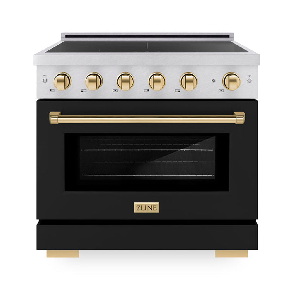 ZLINE 36 in. Induction Range 5.2 cu. ft. 5 Element Cooktop Electric Convection Oven Satin Stainless Steel Black Matte Door Polished Gold Accents (SINRSZ-BLM36-G)