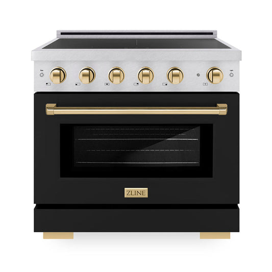 ZLINE 36 in. Induction Range 5.2 cu. ft. 5 Element Cooktop Electric Convection Oven Satin Stainless Steel Black Matte Door Polished Gold Accents (SINRSZ-BLM36-G)