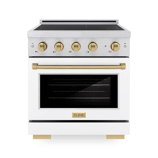 ZLINE 30 in. Induction Range 4.2 cu. ft. Electric Convection Oven 4 Elements Satin Stainless Steel White Matte Door Champagne Bronze Accents (SINRSZ-WM-30-CB)