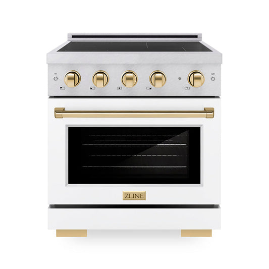 ZLINE 30 in. Induction Range 4.2 cu. ft. Electric Convection Oven 4 Element Cooktop Satin Stainless Steel White Matte Door Polished Gold Accents (SINRSZ-WM-30-G)