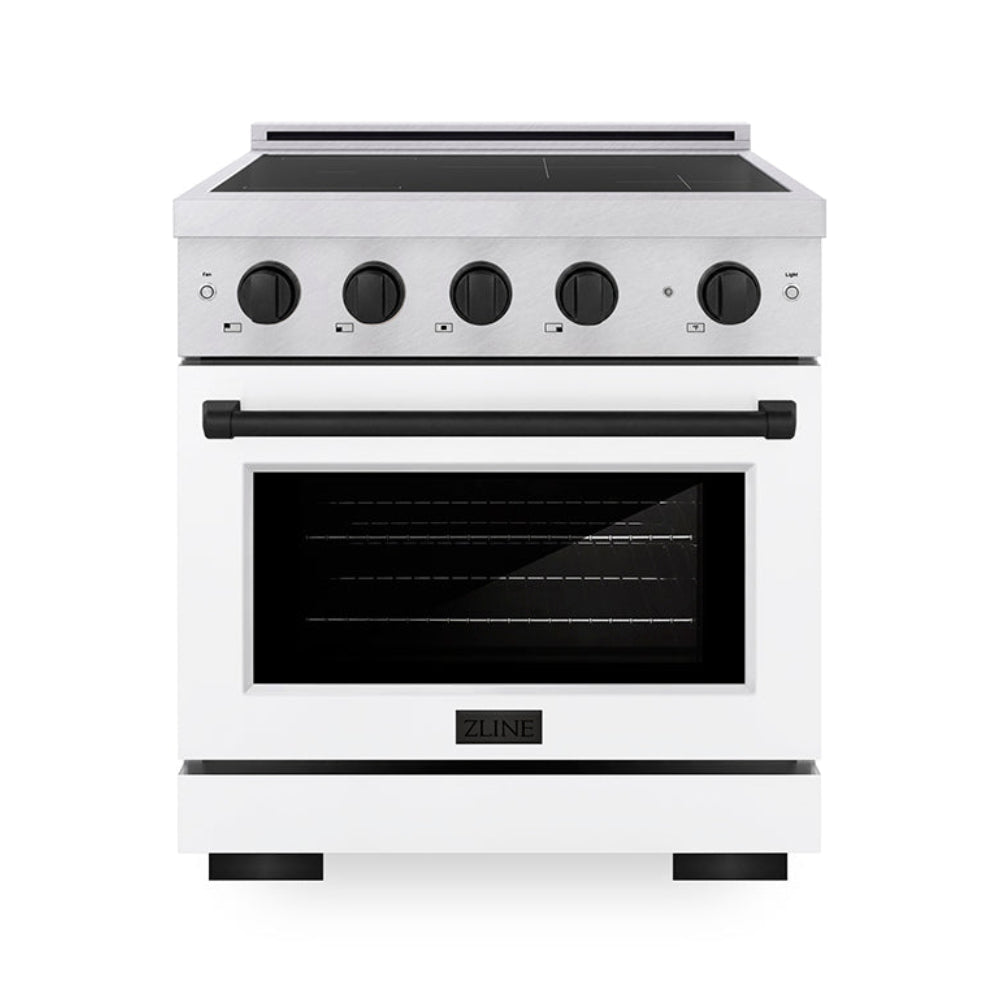 ZLINE 30 in. Induction Range 4.2 cu. ft. 4 Element Cooktop Electric Convection Oven Satin Stainless Steel White Matte Door Matte Black Accents (SINRSZ-WM-30-MB)
