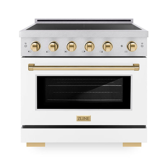 ZLINE 36 in. Induction Range 5.2 cu. ft. 5 Elements Electric Convection Oven Satin Stainless Steel White Matte Door Polished Gold Accents (SINRSZ-WM-36-G)