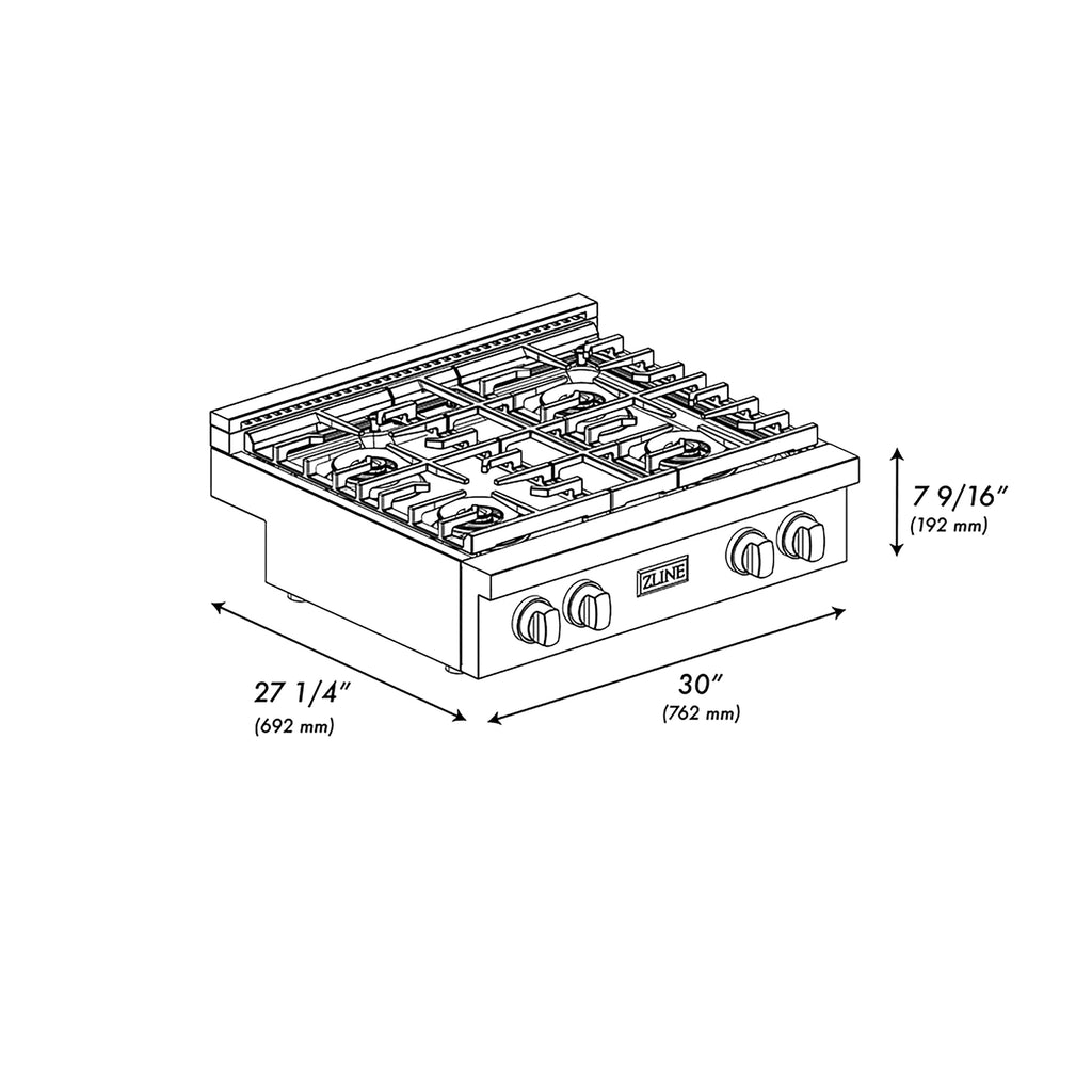 ZLINE Autograph Edition 30" Paramount Gas Rangetop with 4 Burner DuoPro™ Cooktop in Satin Stainless Steel and Champagne Bronze Accents, PSRTSZ-30-CB