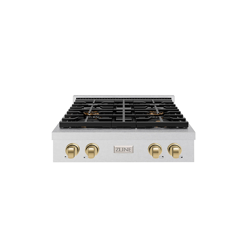 ZLINE Autograph Edition 30" Paramount Gas Rangetop with 4 Burner DuoPro™ Cooktop in Satin Stainless Steel and Champagne Bronze Accents, PSRTSZ-30-CB