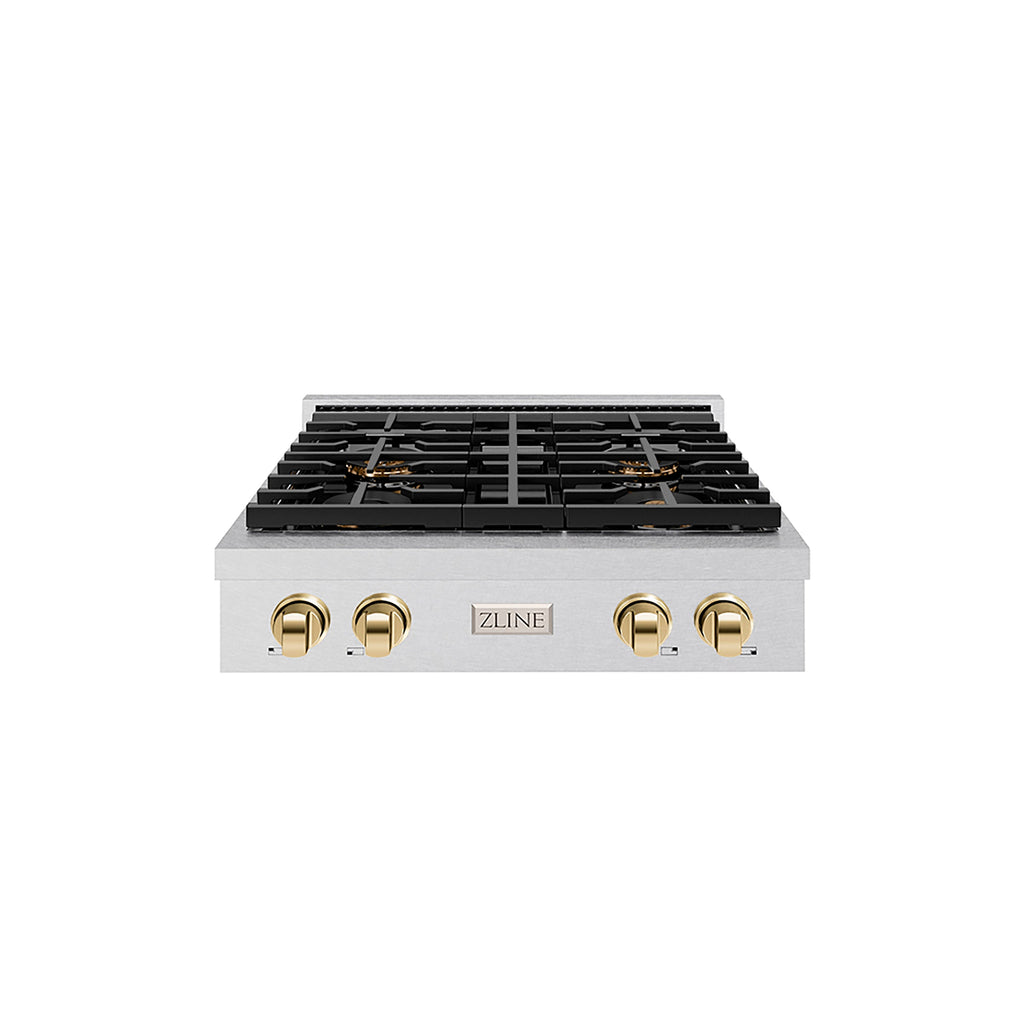 ZLINE Autograph Edition 30" Paramount Gas Rangetop with 4 Burner DuoPro™ Cooktop in Satin Stainless Steel and Polished Gold Accents, PSRTSZ-30-G