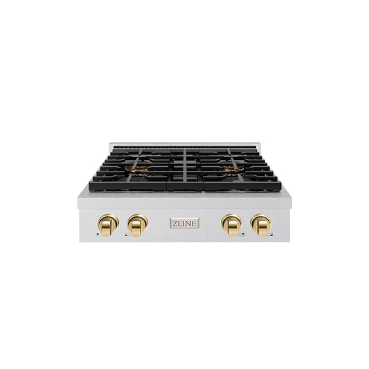 ZLINE Autograph Edition 30" Paramount Gas Rangetop with 4 Burner DuoPro™ Cooktop in Satin Stainless Steel and Polished Gold Accents, PSRTSZ-30-G