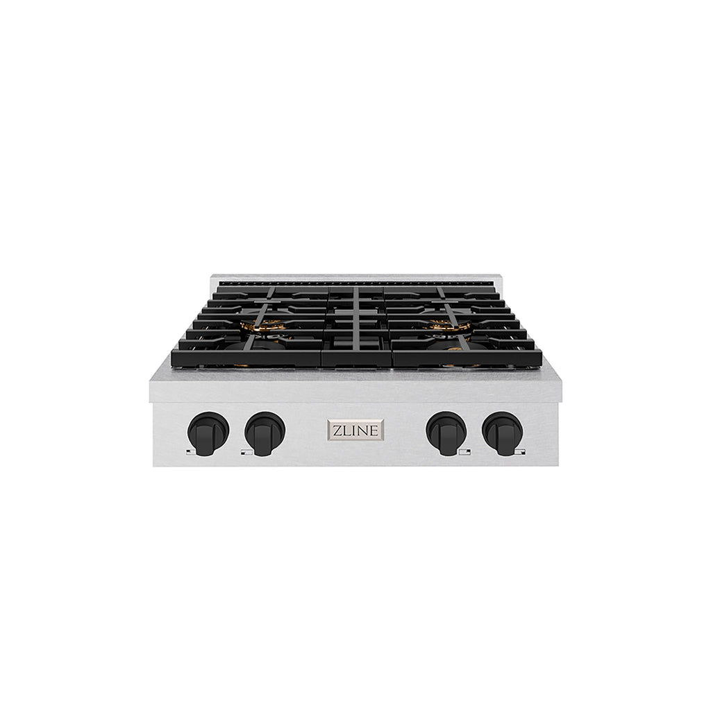 ZLINE Autograph Edition 30" Paramount Gas Rangetop with 4 Burner DuoPro™ Cooktop in Satin Stainless Steel and Matte Black Accents, PSRTSZ-30-MB