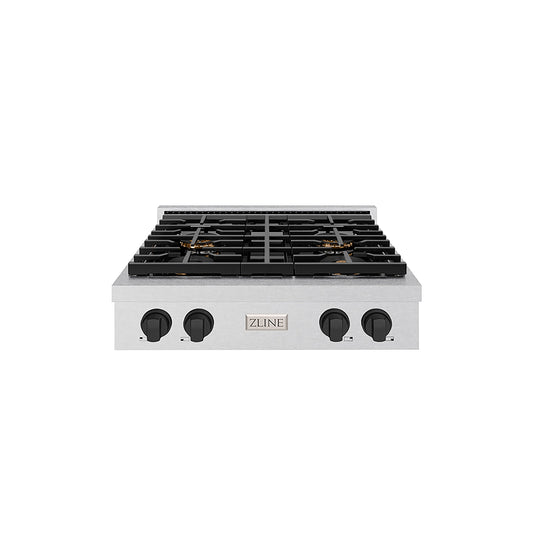 ZLINE Autograph Edition 30" Paramount Gas Rangetop with 4 Burner DuoPro™ Cooktop in Satin Stainless Steel and Matte Black Accents, PSRTSZ-30-MB
