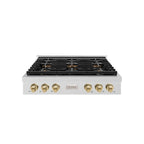 ZLINE Autograph 36" Paramount Gas Rangetop with 6 Burner DuoPro™ Cooktop in Satin Stainless Steel and Champagne Bronze Accents, PSRTSZ-36-CB