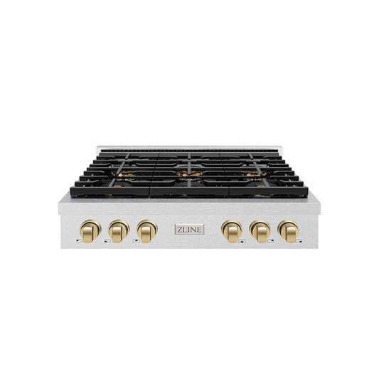 ZLINE Autograph 36" Paramount Gas Rangetop with 6 Burner DuoPro™ Cooktop in Satin Stainless Steel and Champagne Bronze Accents, PSRTSZ-36-CB