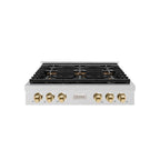 ZLINE Autograph 36" Paramount Gas Rangetop with 6 Burner DuoPro™ Cooktop in Satin Stainless Steel and Polished Gold Accents, PSRTSZ-36-G