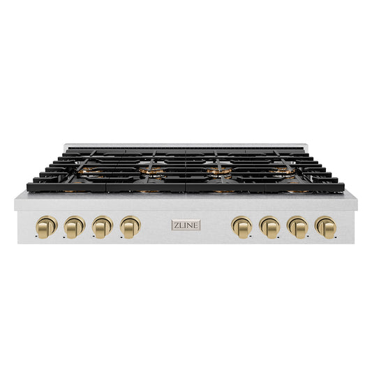 ZLINE Autograph 48" Paramount Gas Rangetop with 8 Burner DuoPro™ Cooktop in Satin Stainless Steel and Champagne Bronze Accents, PSRTSZ-48-CB